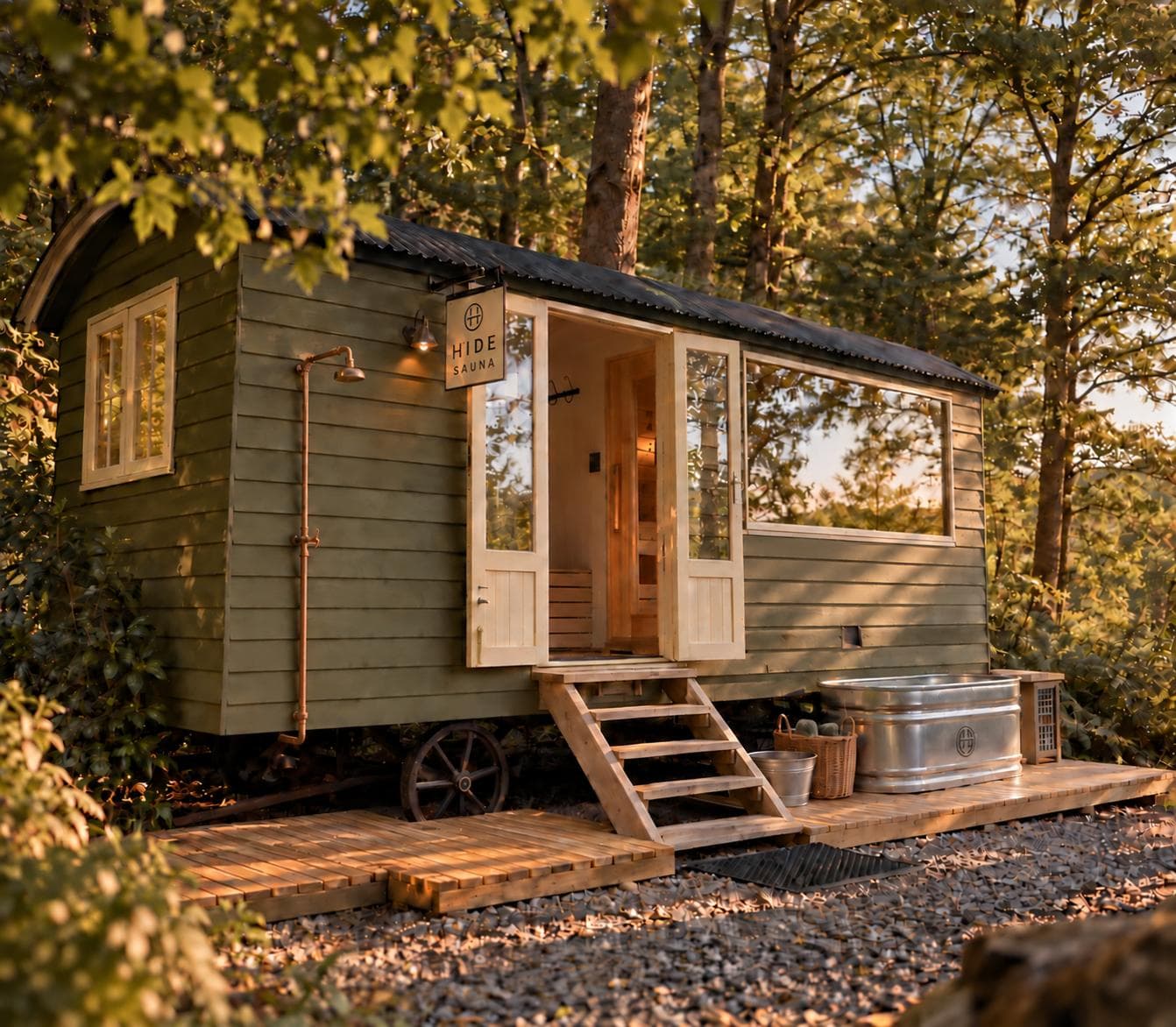 The galvanised plunge tub on the deck beside the cabin's open doors, lit by evening sun
