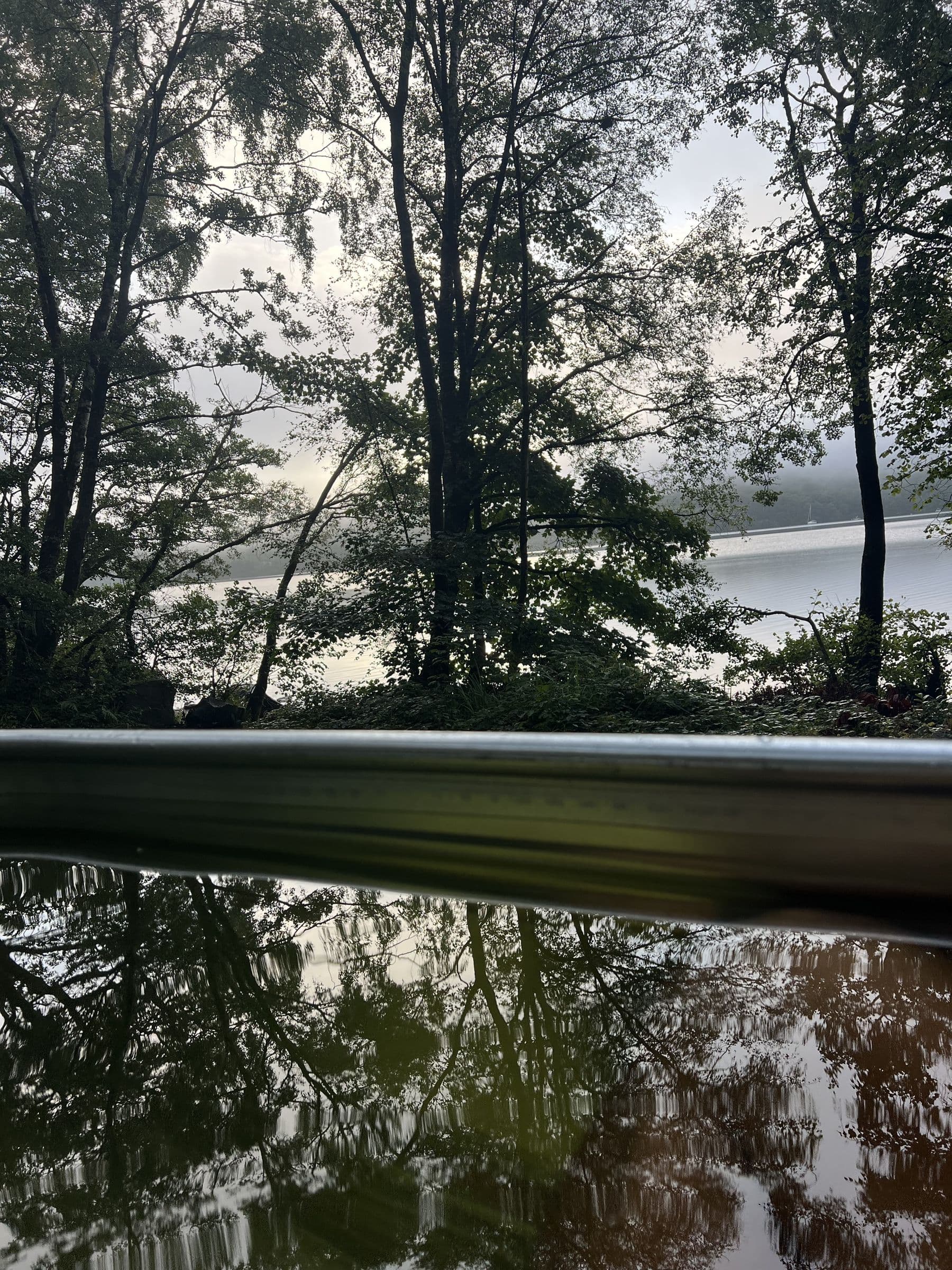 The galvanised rim of the plunge tub, the lakeside trees reflected in its still water and the misty lake beyond