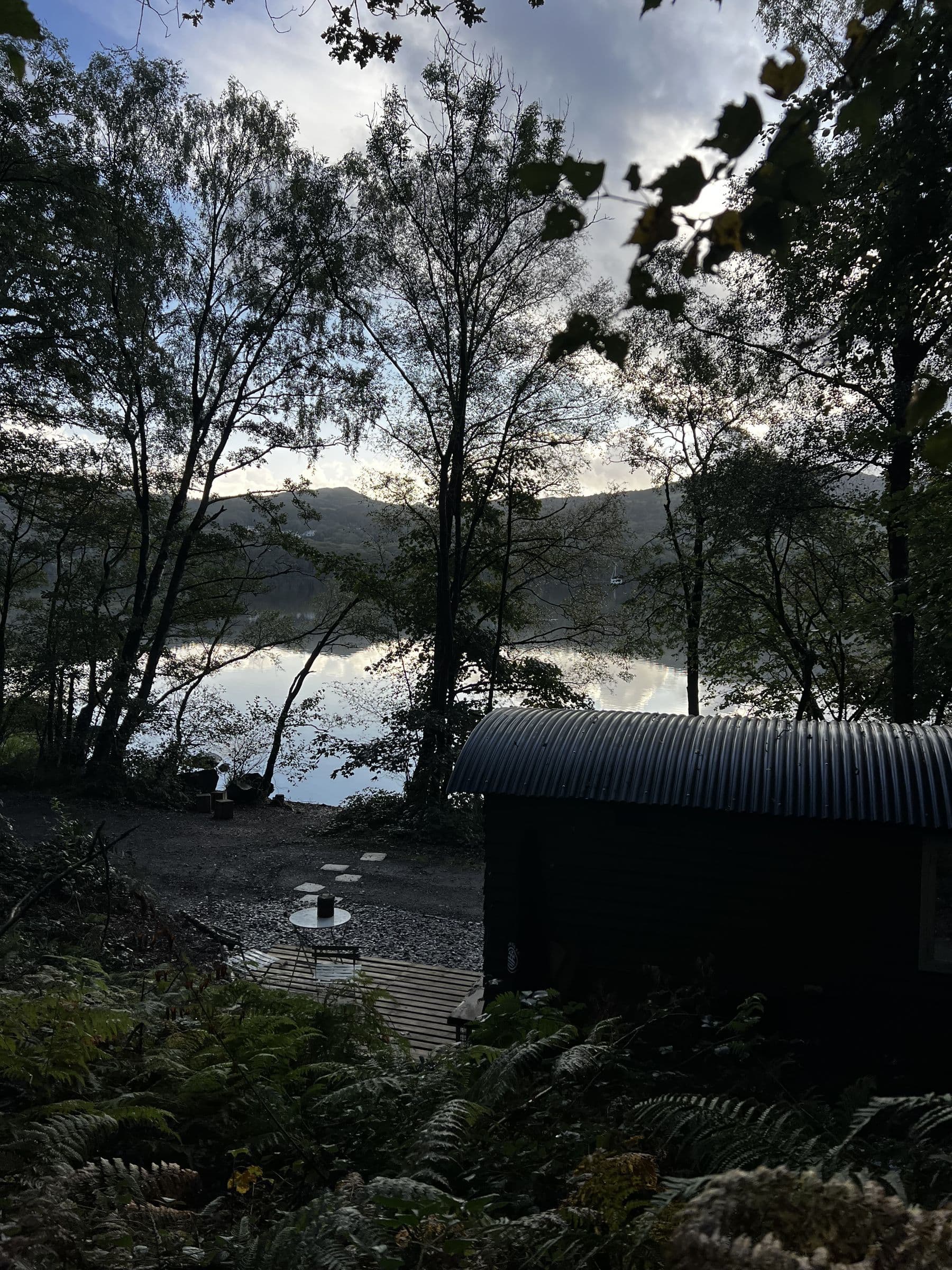 Dusk on Windermere through the trees, the curved roof of the sauna in the foreground above the ferns